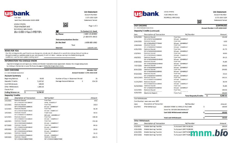 USA Twenty First National Bank of Maine oświadczenie bankowe słowo i szablon PDF, 2 strony